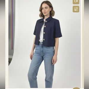 Lauren Ralph Lauren Linen Navy pink pinstripe crop short sleeve jacket size 14